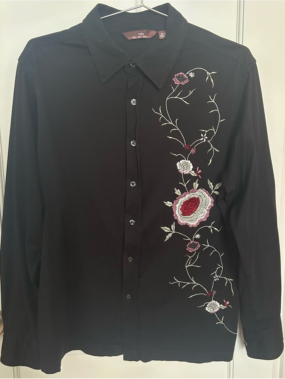 Zara Black Button-Down Shirt with Pink & White Rose Embroidery